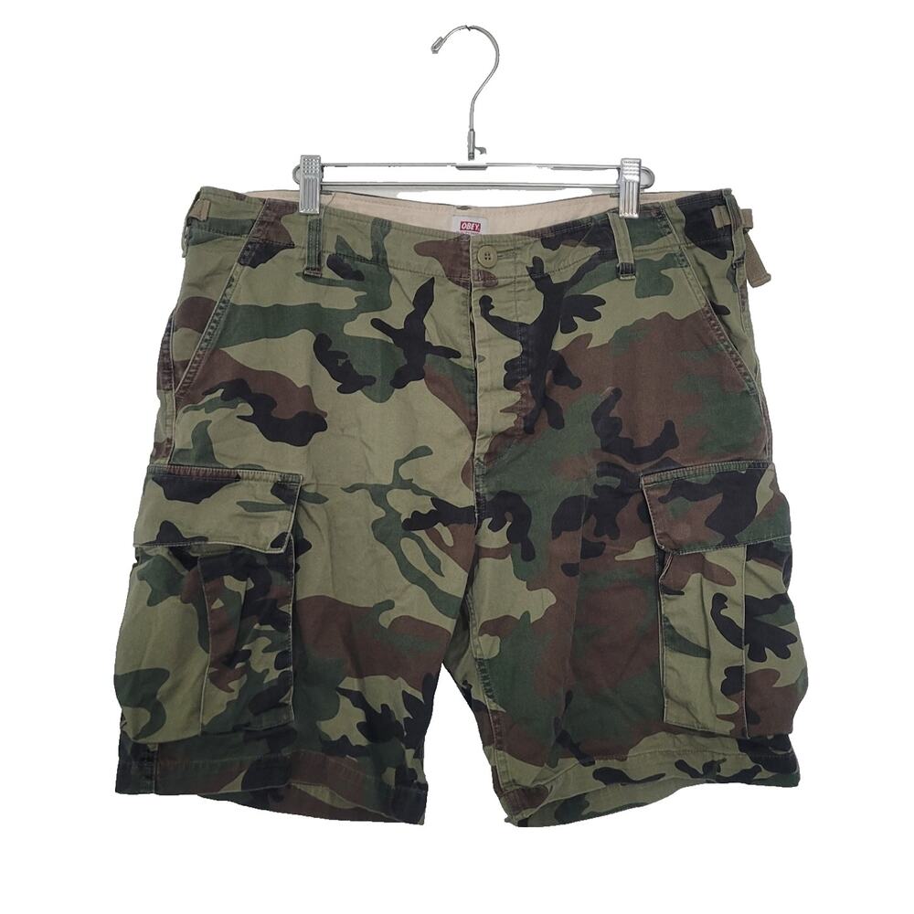 Obey Men's Cargo Camo Shorts 8" Size 34 Green Skater Streetwear Baggy Y2k